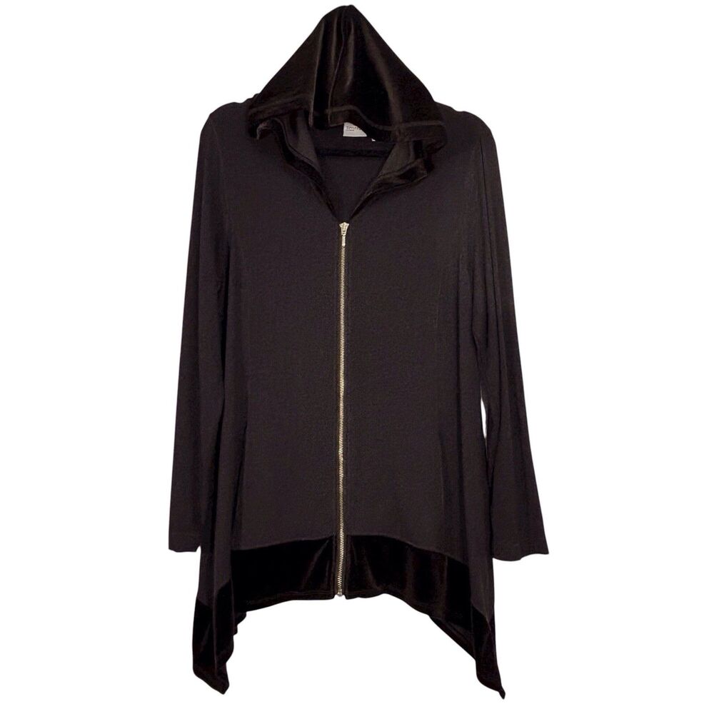 Chicos Zenergy Size 2 Velvet Trim Hoodie Cardigan Jacket Large Brown Full Zip